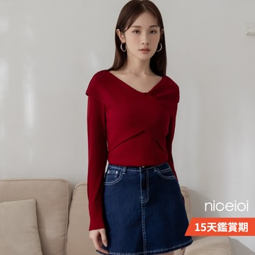 niceioi V領上衣 設計感 立體剪裁 紅色 [線條藝術V領交叉針織棉彈布上衣] 彈性布 女裝 2O631016