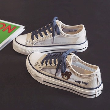 網面透氣低幫帆布鞋女ins潮鞋夏季新款平底板鞋小熊網鞋