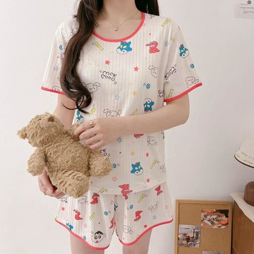睡衣女帶胸墊夏季年新款韓版冰絲圓領短袖短褲家居服套裝寬鬆睡衣睡衣加大碼睡衣胸墊睡衣帶胸墊睡衣