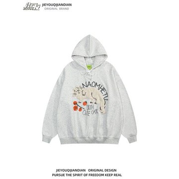 美式小眾趣味可愛貓咪刺繡重磅加絨連帽衛衣男女秋冬潮牌情侶外套