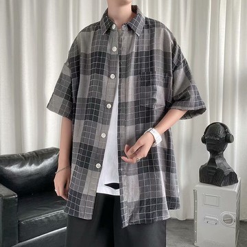 格子襯衫男夏季設計感小眾五分半袖襯衣外套痞帥ins港風日系短袖