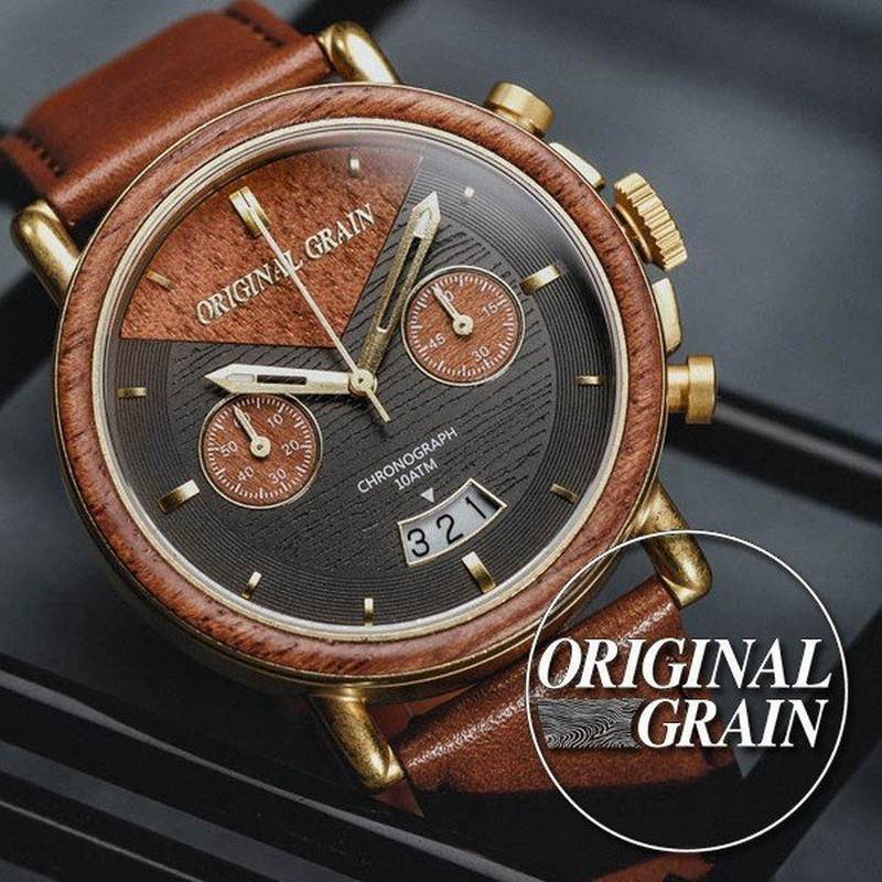 受賞店舗 100 ナチュラルウッドの腕時計 Original Grain オリジナルグレイン The Alterra Chronograph Cognac Mahogany レザーバンド クロノグラフモデル マホガニーウッド 腕時計 天然木 木製腕時計 メンズ腕時計 送料無料 想いを繋ぐ百貨店 Tsunagu 希少