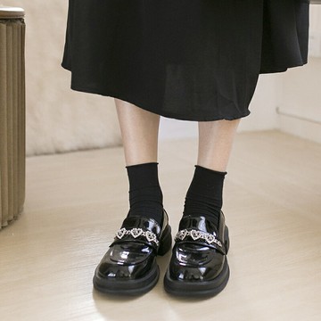 ocean one 樂福鞋圓頭漆皮桃心水鉆少女甜美JK厚底粗跟小皮鞋學院