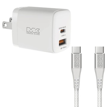 【組合價】MEGA KING 30W氮化鎵雙孔旅充頭(1C1A) 白+ C to C 傳輸充電編織線 1M 白