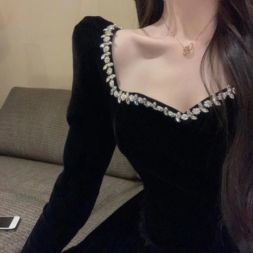 重工鑲鉆小眾戰袍黑色絲絨晚禮服