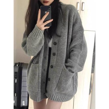 秋冬女裝批新款發休閑針織復古軟糯慵懶寬松外搭開衫V領毛衣外套