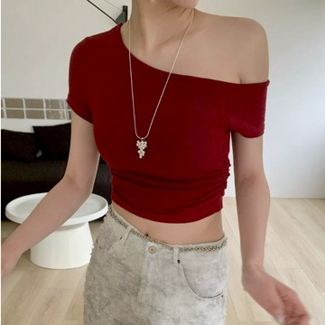 ❀新品必買❀ATTENTION-純愛!斜肩抓皺bratop