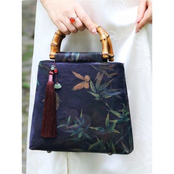 復古香云紗竹節手提單肩斜跨中式禪意旗袍民族風手工包愿為蓮原創