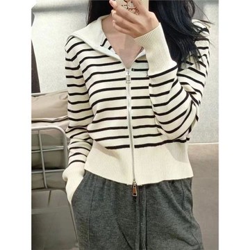 翻領條紋拉鏈毛衣女設計感小眾秋冬穿搭短款針織開衫外穿長袖上衣