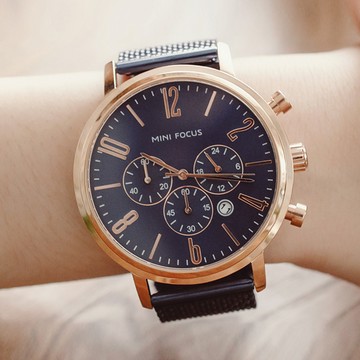 [中性款]MINIFOCUS時間裡的戀人真三眼大錶面日期顯示金屬米蘭鍊帶手錶【WMF0183】-玫金邊藍面