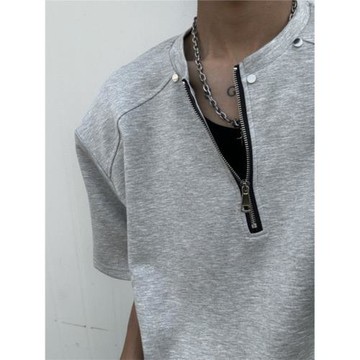 黑色半拉鏈墊肩t恤男夏季設計感cleanfit短袖美式高街重磅五分袖
