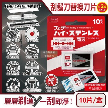 (2盒超值組)日本Feather羽毛牌-男士雙面鉑合金刮鬍刀替換刀片10片/盒FH-10B(本品不含刮鬍刀,臉部修容刀片,不鏽鋼剃刀,國際通用規格)