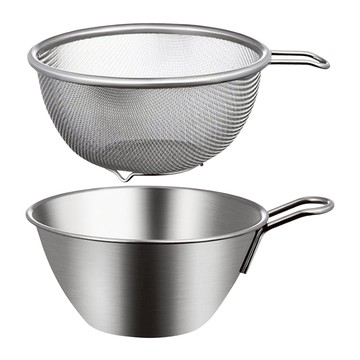 SP SAUCE不銹鋼附手柄調理碗籃組 廚房用品  瀝水籃 + 料理碗  16.6 x 13 x 6.8cm + 16.4 x 13 x 6.7cm  1組