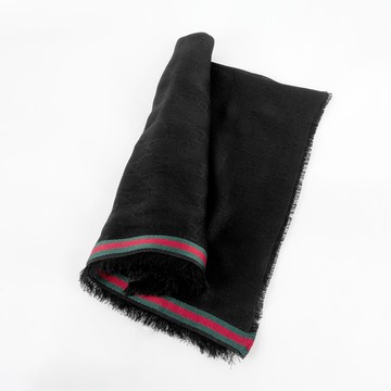 GUCCI 標誌綠紅條紋絲質混棉寬版圍巾/披肩(黑色) 795284 4G483 1066