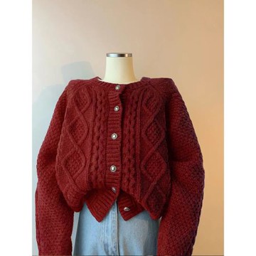 仿浣熊絨粗棒針酒紅色針織衫毛衣外搭開衫蛇年女秋冬麻花外套上衣