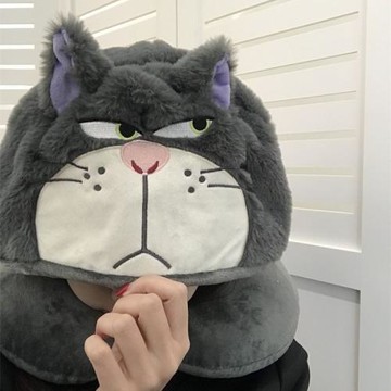 搞怪斜眼路西法貓咪u型枕帶帽子旅行坐車睡覺枕頭護頸枕辦公室用