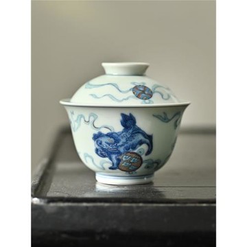 青花斗彩獅子戲繡球吉祥中式復古陶瓷二才蓋碗泡茶碗不燙手 130ml