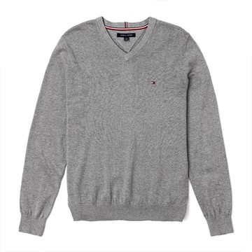 TOMMY 經典V領刺繡Logo針織毛衣-灰色