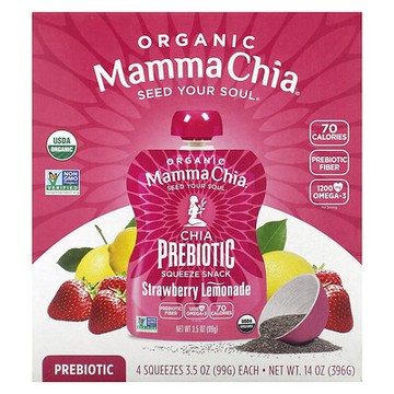 Mamma Chia, 有機奇亞益生元 Squeeze，活力零食，草莓檸檬水，4 袋，每袋 3.5 盎司（99 克）