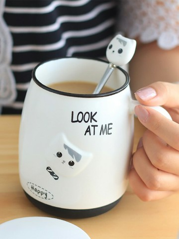 可愛貓咪陶瓷水杯子帶蓋勺 馬克杯情侶家用牛奶麥片早餐杯造型餐碗 造型碗 居家小物廚房小物宿舍小物