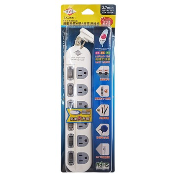 WeiTien 威電 過載斷電6開6座電源線組 防雷擊突波吸收 90°平貼插頭  2.7m  白色  1條