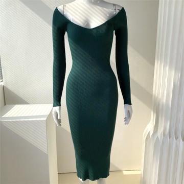 外貿原單 氣質針織小性感一字露肩V領打底中長款一步裙連衣裙