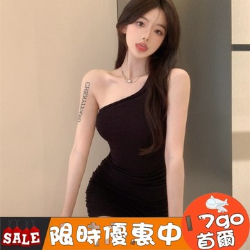 台灣現貨🔥 K28 時尚洋氣設計感露肩背心洋裝女 純欲風性感顯瘦包臀裙 斜肩洋裝 露肩洋裝 性感洋裝 無袖洋裝 背心洋裝