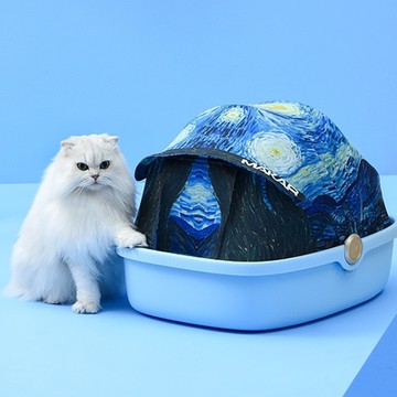 【P&H寵物家】防水防臭防抓藝術布料 敞篷式貓砂盆(附砂鏟)