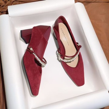 法式瑪麗珍方頭淺口單鞋女粗跟高跟鞋主婚紗婚鞋新娘鞋日常可穿