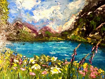 寧靜的山脈風景，畫佈板上的原創紋理油畫