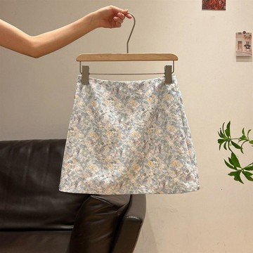 台灣出貨 韓系氣質藍色碎花高腰A字半身裙女裝夏季新款設計感百搭短裙 迷你裙 半身裙 顯瘦短裙 A字裙 半身短裙