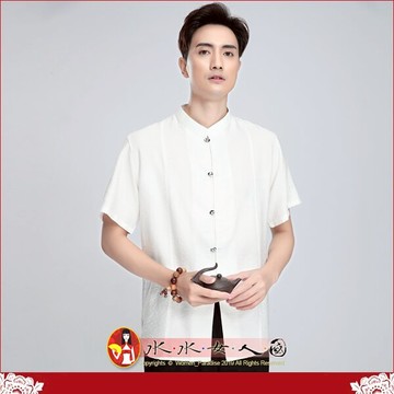中國風男裝短袖唐裝上衣優質純色復古竹節麻包扣中式漢服男青年時尚必備襯衫｜詩句 米白色｜水水女人國