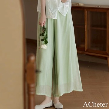 【ACheter】鬆緊高腰國風側邊長帶子刺繡雙層開叉闊腿褲七八分裙褲# 122123(現貨+預購)