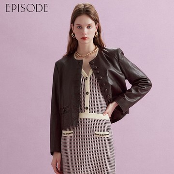 EPISODE - 百搭個性圓領假口袋單排釦羊皮皮衣外套E44007