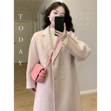 淡粉色雙面羊絨大衣女2024年冬季新款中長款西裝領羊毛小個子外套