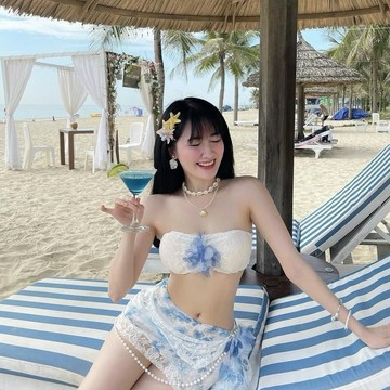 夏季必備🌞 新款沙灘印花蕾絲度假高腰長裙顯瘦抹胸比基尼三件套分體泳衣女