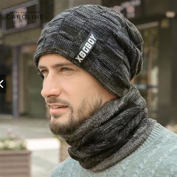 《Caroline》韓版秋冬型男套頭帽貼布加绒保暖針織毛線帽&圍脖2件套組72355