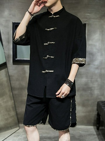 中國風男裝短袖襯衫男 夏季套裝中式盤扣中山裝唐裝男士兩件套襯衣
