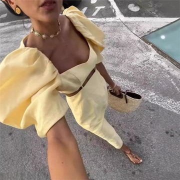 歐美跨境2024新款泡泡袖黃色高腰連衣裙露腰開叉長裙名媛風