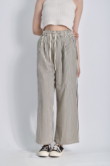 (S) angelina高腰質感鬆緊腰條紋杏色長褲