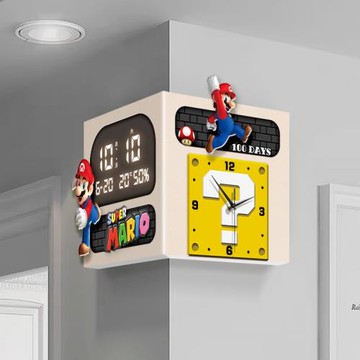 免打孔客廳轉角雙面掛鐘馬里奧鐘表壁掛時鐘2025新款帶日歷電子鐘