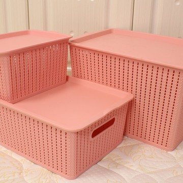 收納箱仿藤編桌面雜物收納筐鏤空長方形有蓋塑料收納盒宿舍儲物籃