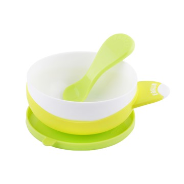 FARLIN 兒童吸盤學習碗 蹦蹦碗 符合人體工程學與寶寶抓握姿勢 矽膠吸盤底座  綠色  碗 + 湯匙  1組