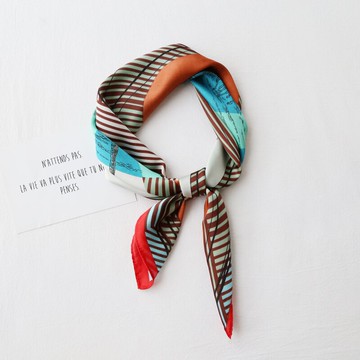 韓國東大門新款拼色小方巾女復古百搭小絲巾發帶兩用綁包絲巾1入