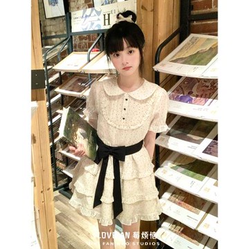 波點娃娃領蛋糕蓬蓬裙夏季新款學院風復古蝴蝶結短款泡泡袖連衣裙