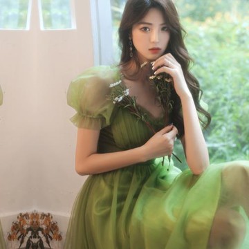 綠色名媛設計生日短款晚禮服裙