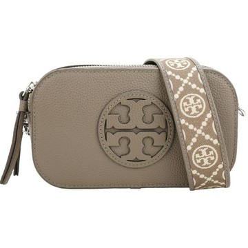 TORY BURCH Miller TB荔紋立體標誌皮革滾邊織帶斜背相機包(咖啡色)