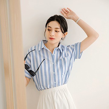 OB嚴選-輕休閒棉麻條紋袖口反折襯衫