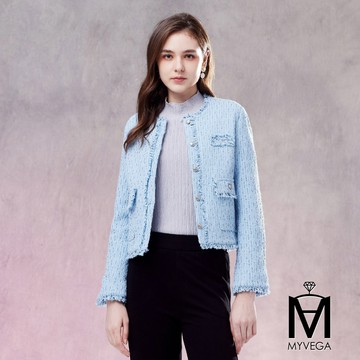 🍂限時7折【MA】小香風混色毛呢鬚邊西裝外套-水藍