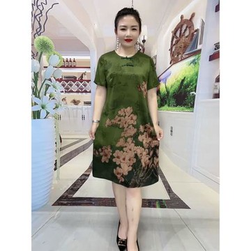 復古印花裙夏季短袖中式改良旗袍裙中老年媽媽定位玉蘭花氣質長裙